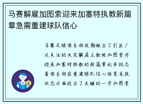 马赛解雇加图索迎来加塞特执教新篇章急需重建球队信心